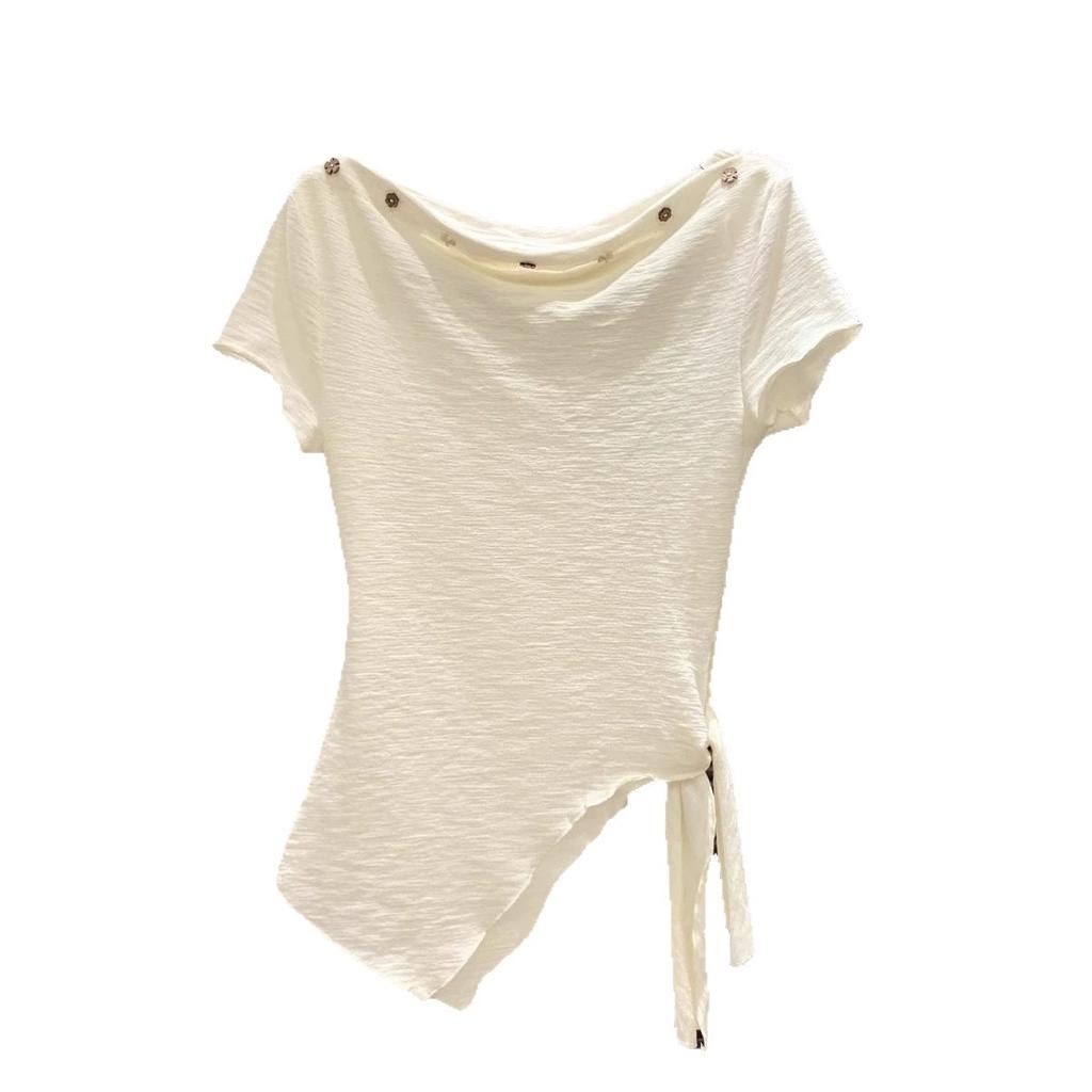 Irregular straps diagonal collar T-shirt women's sweet and spicy style slim-fitting short-sleeved summer fungus edge one-word off-the-shoulder top