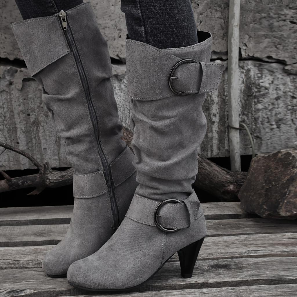 Women's Slouch Knee High Boots, Buckle Strap Side Zipper High Heeled Boots, Comfortable Suedette Long Boots