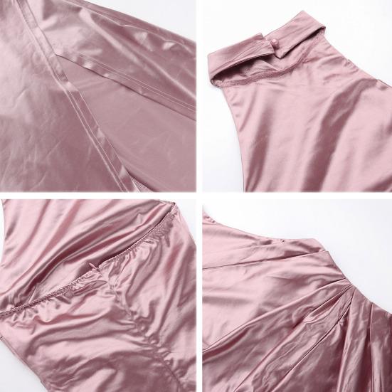 Женское бальное платье с воротником-стойкой, халтер-воротником, открытыми плечами, без рукавов, атласное вечернее платье, облегающее, плиссированное, однотонное, с высоким разрезом, длиной до пола, макси-платье