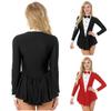 Womens Tuxedo Inspired Role Play Dress Contrast Color Bowknot Button Long Sleeve Ruffle Hem Waitress Costume for Performances