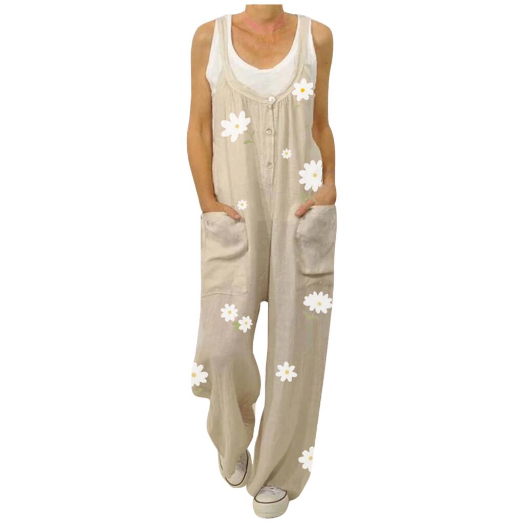 Женский повседневный комбинезон с цветочным принтом и круглым вырезом, длинный комбинезон с карманами