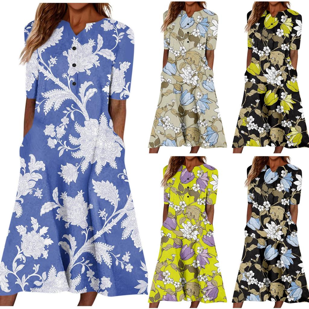 Women's Summer Casual Fashion Floral Printed Short Sleeve Button Pocket Dress