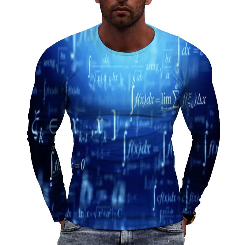 Fun Mathematical Formula Pattern Men's Long Sleeved Casual T-shirts - Soft Medium Stretch Polyester Fabric Spring and Autumn Relaxed Fit Clothing