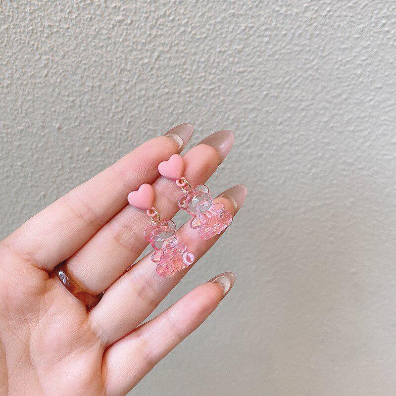 2024 Розовые Мишки Желейные Мультяшные Серьги-Подвески для Женщин Разноцветные Пайетки Мармеладный Мишка Серьги-Кольца Милые Девичьи Счастливые Украшения Подарок LS