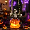 Spooky Haunted House Prop Swing Skeleton with Lighted Pumpkin, Light-up Ornament, Halloween Night Decoration Hanging Statue for Indoor Front