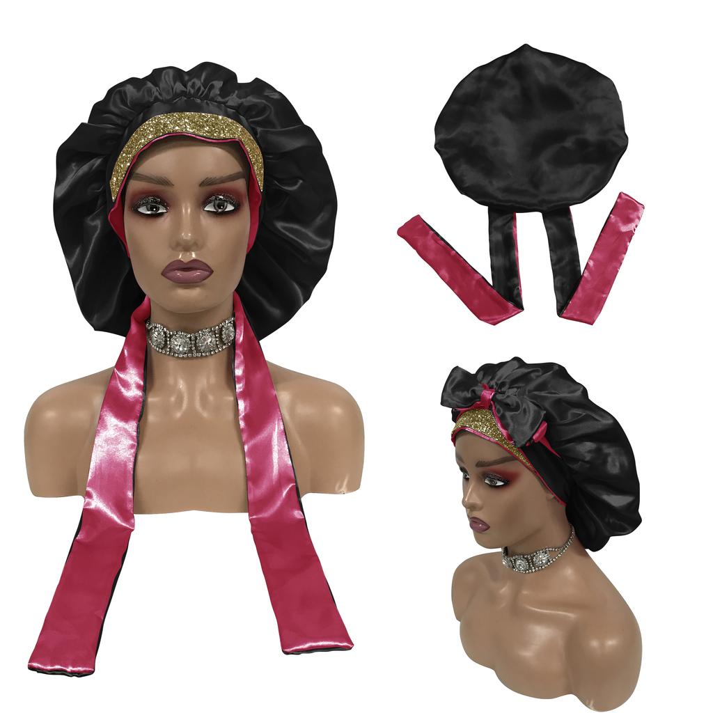 Double Layer Sleeping Bonnet with Diamond Silk Designer Bonnets with Long Tie Satin Hair Bonnet