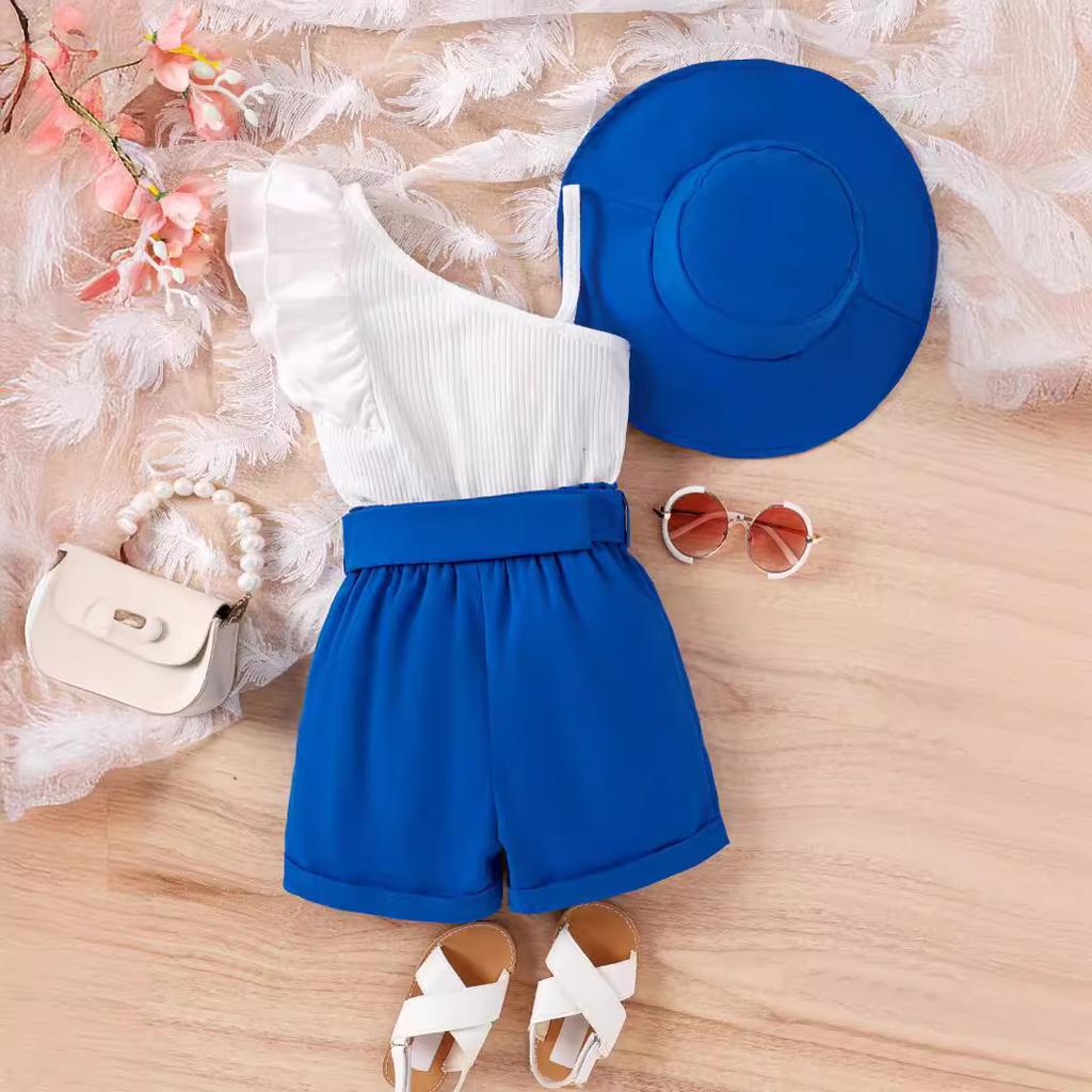 Модный костюм для девочек, летний детский повседневный топ с косыми плечами и бретелькой через шею + шорты с поясом + шляпа