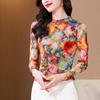 Floral Print Mesh T-Shirt Women's Autumn Stretch Slim Fit Top Long Sleeve Pullover Sweatshirt