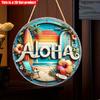 2D Flat 20*20cm1pc Aloha Beach Scenery Vacation Style Round Wooden Hanging Sign, Summer Flower&Coconut Tree&Surfboards&lounge Chairs Patterns