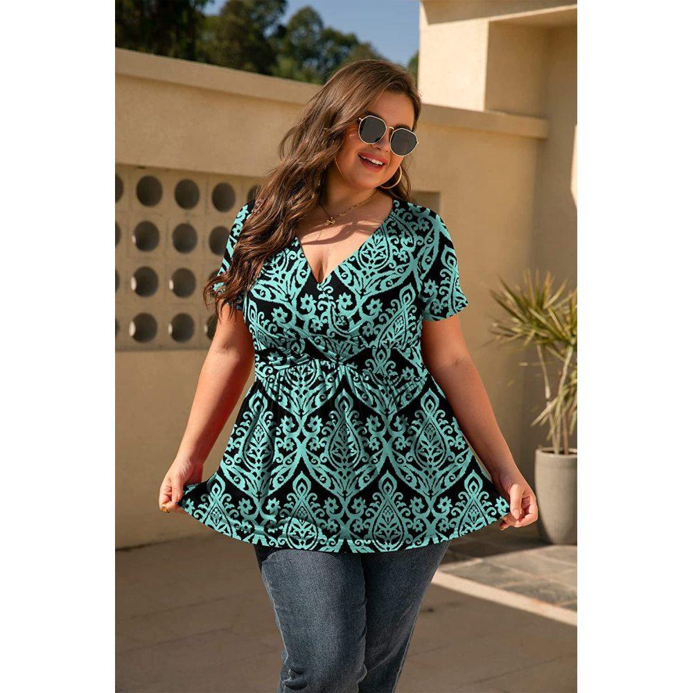 Plus Size Women's Spring and Summer V-neck Printed Short-sleeved T-shirt