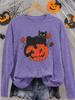 Women's Halloween Long Sleeve Crew Neck T-Shirt with Cute Black Cat on Orange Pumpkin and Autumn Maple Print, Soft Funny Spooky Gift for