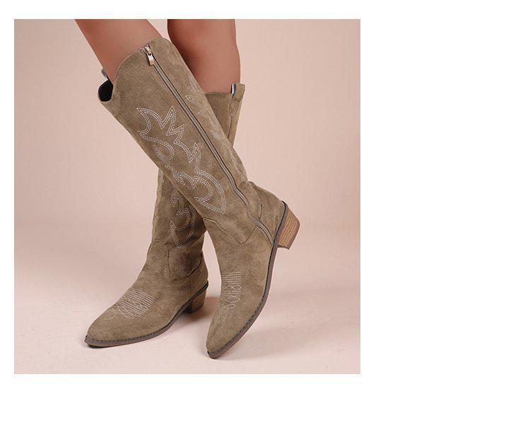 Вышитые ковбойские сапоги в стиле ретро-вестерн: Узкие сапоги выше колена на толстом каблуке с V-образным вырезом