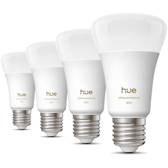 Pack de 4 ampoules LED connectées A60 - PHILIPS HUE - Lumiere blanche chaude - Culot E27 - 6W - 1000-2000k - 810 lumens