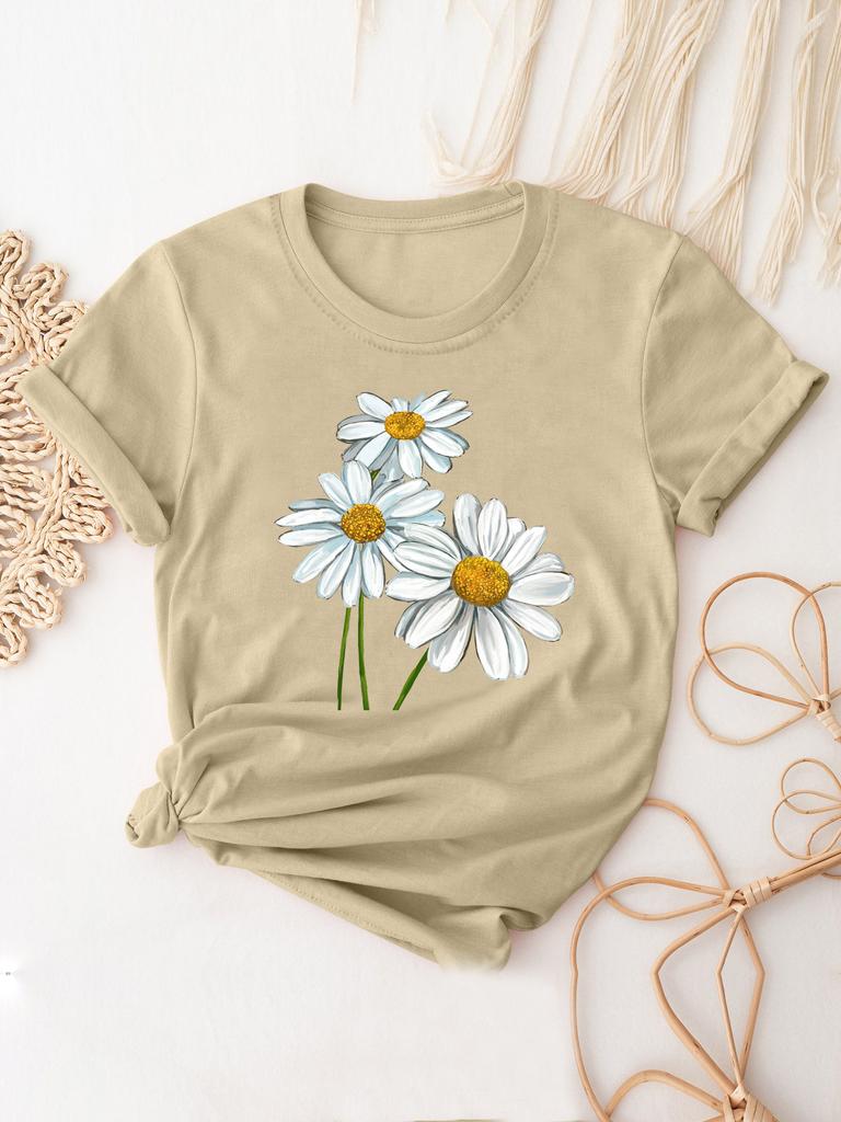 Женская футболка с принтом ромашек, модная футболка с иллюстрацией, простой дизайн, демонстрирующий естественный и элегантный стиль, подходит для повседневного досуга