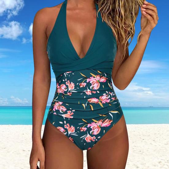 Women Sexy Monokini Halter Sleeveless One Piece Swimsuit Patchwork Color Backless Tummy Control High Waisted Bathing Suit