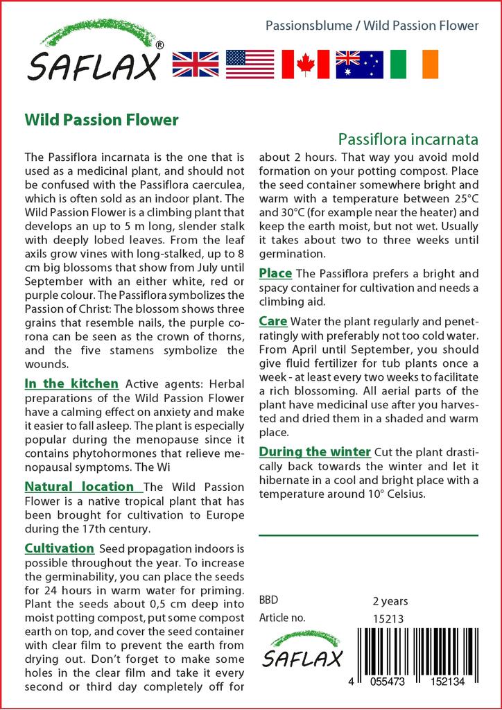 SAFLAX Дикая пассифлора - 5 семян - Passiflora incarnata