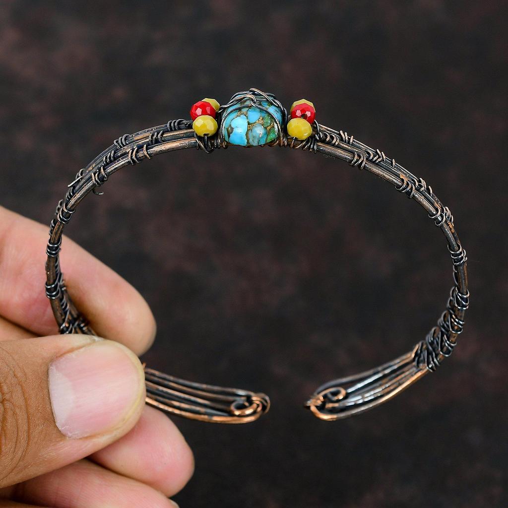 Медно-голубой бирюзовый браслет-манжета с желтыми и красными коралловыми бусинами, браслет из медной проволоки, регулируемый браслет-манжета с драгоценными камнями