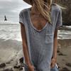 Женская футболка с круглым вырезом, коротким рукавом, накладным карманом, однотонная свободная футболка, тонкий пуловер, топы на каждый день