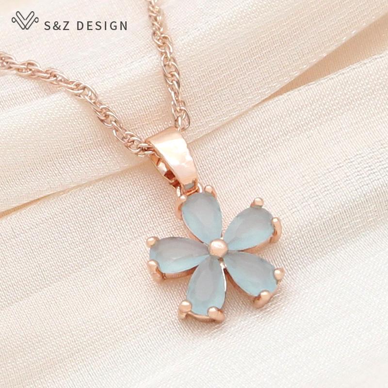 Stylish Rose Gold Color Cute Cubic Zirconia Flower Drop Earrings Jewelry Sets For Women Wedding Elegant Fashion Pendant Necklace