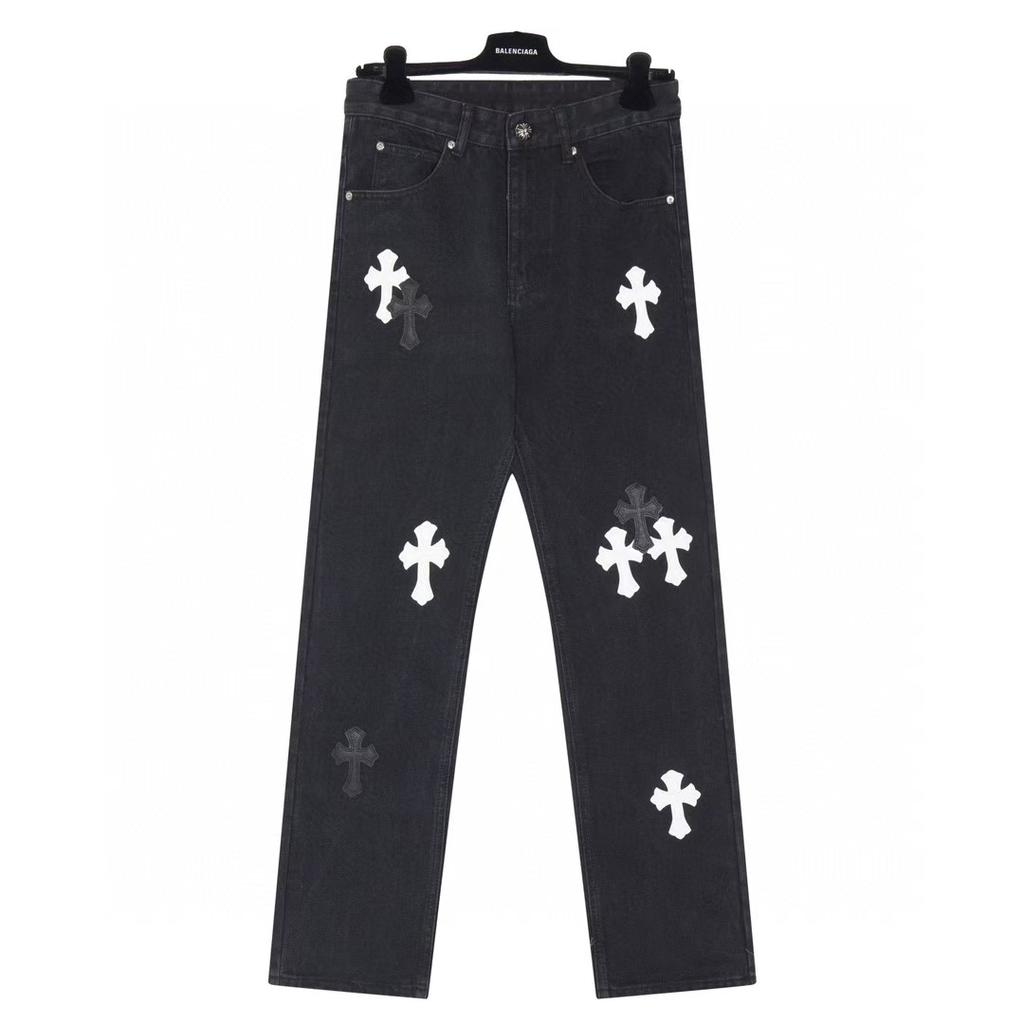 9903 CHROME HEARTS Men's and Women's American Style Trendy Jeans with Fabric Patches, Casual and Fashionable High Street Pants