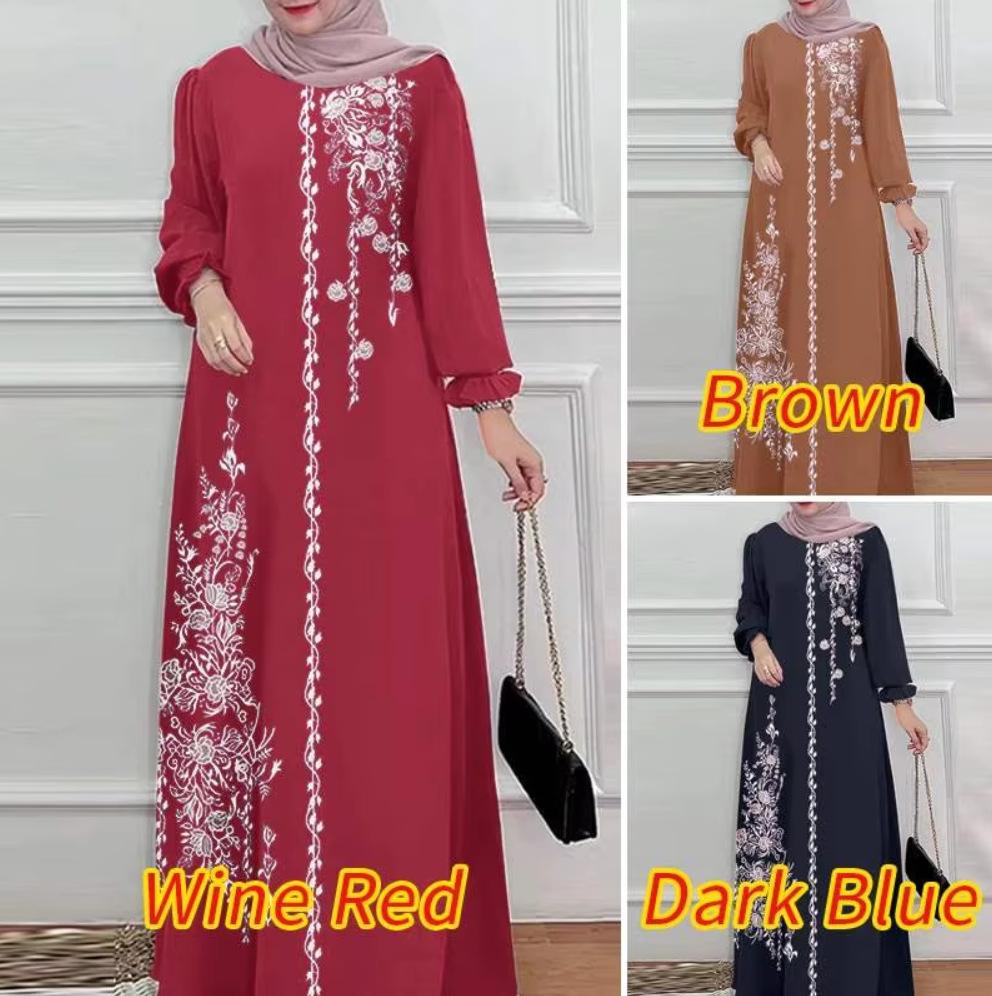 Long Sleeve Long Robes Abaya Women Muslim Fashion O Neck Casual Vestidos Loose Turkey Floral Printing Maxi Dress