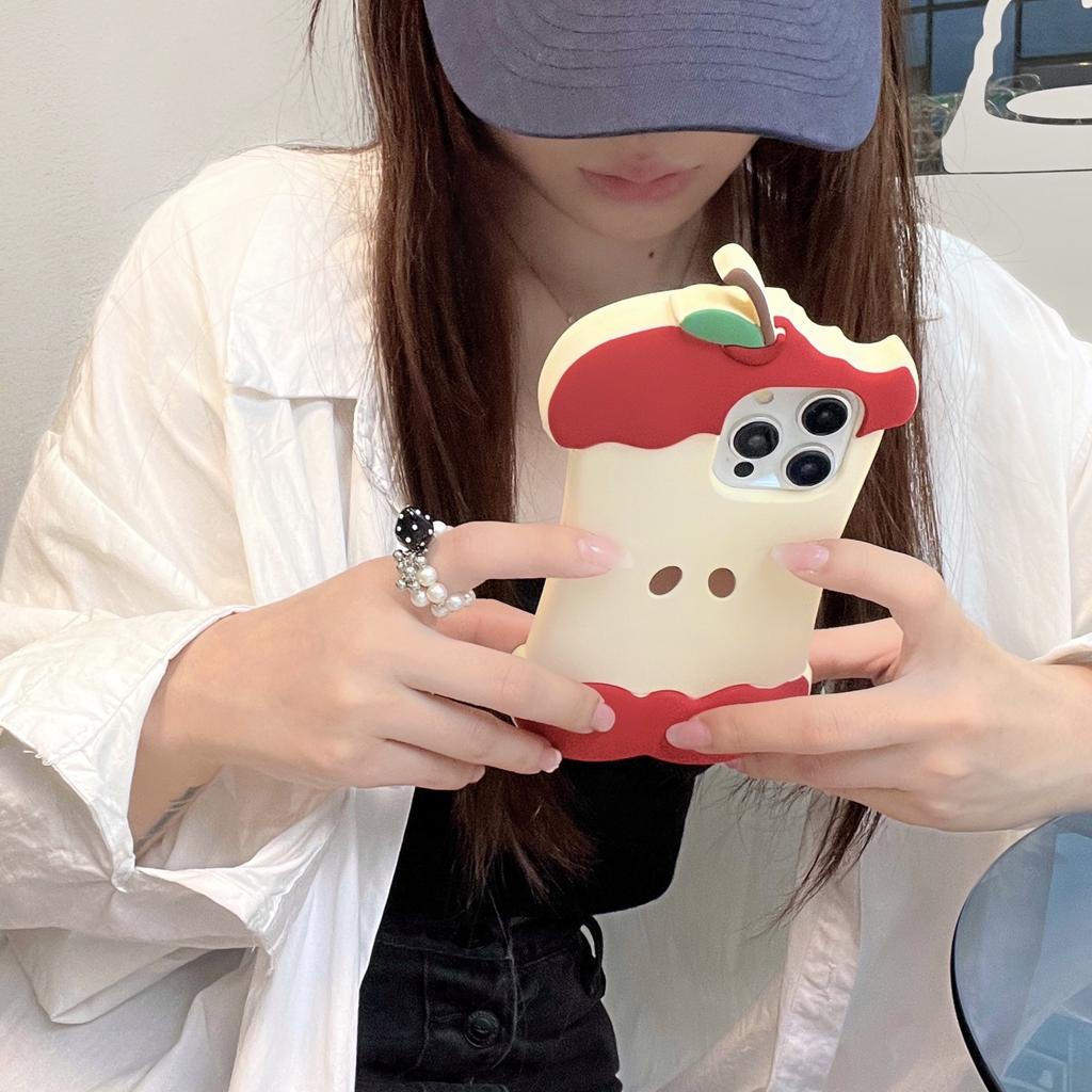 For iPhone 15 Pro Silicone Case Cute Eaten Apple Design Shockproof Phone Back Cover