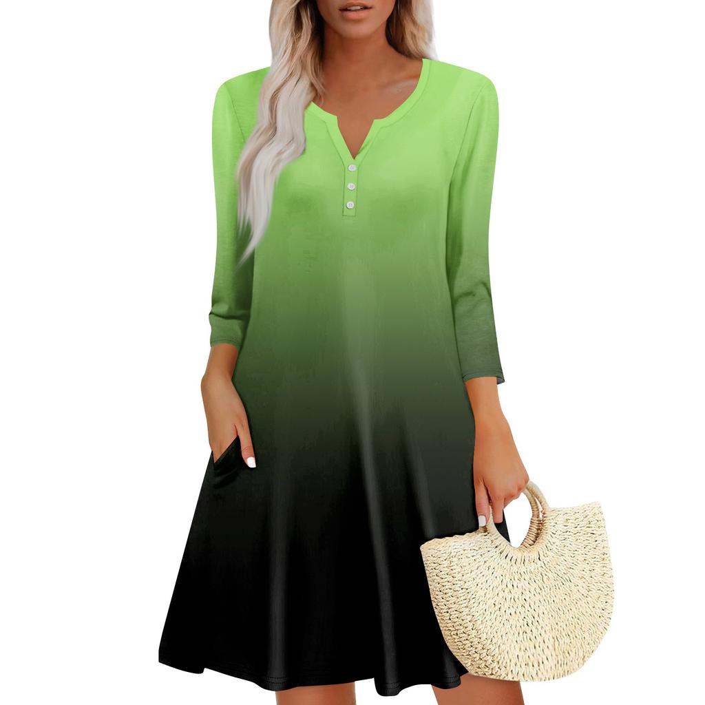 Women's Summer Casual V-neck Gradient Printed Button Up Dress with Pockets