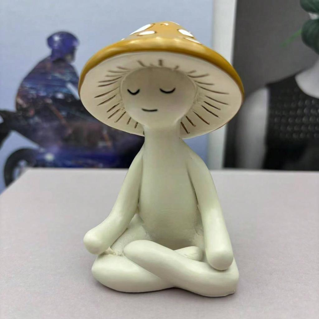 1pc Cute Meditation Sitting Yoga Mushroom Desktop Decor, Yoga Mushroom Ornament Home Living Room Decoration, Garden Resin Craft Gift