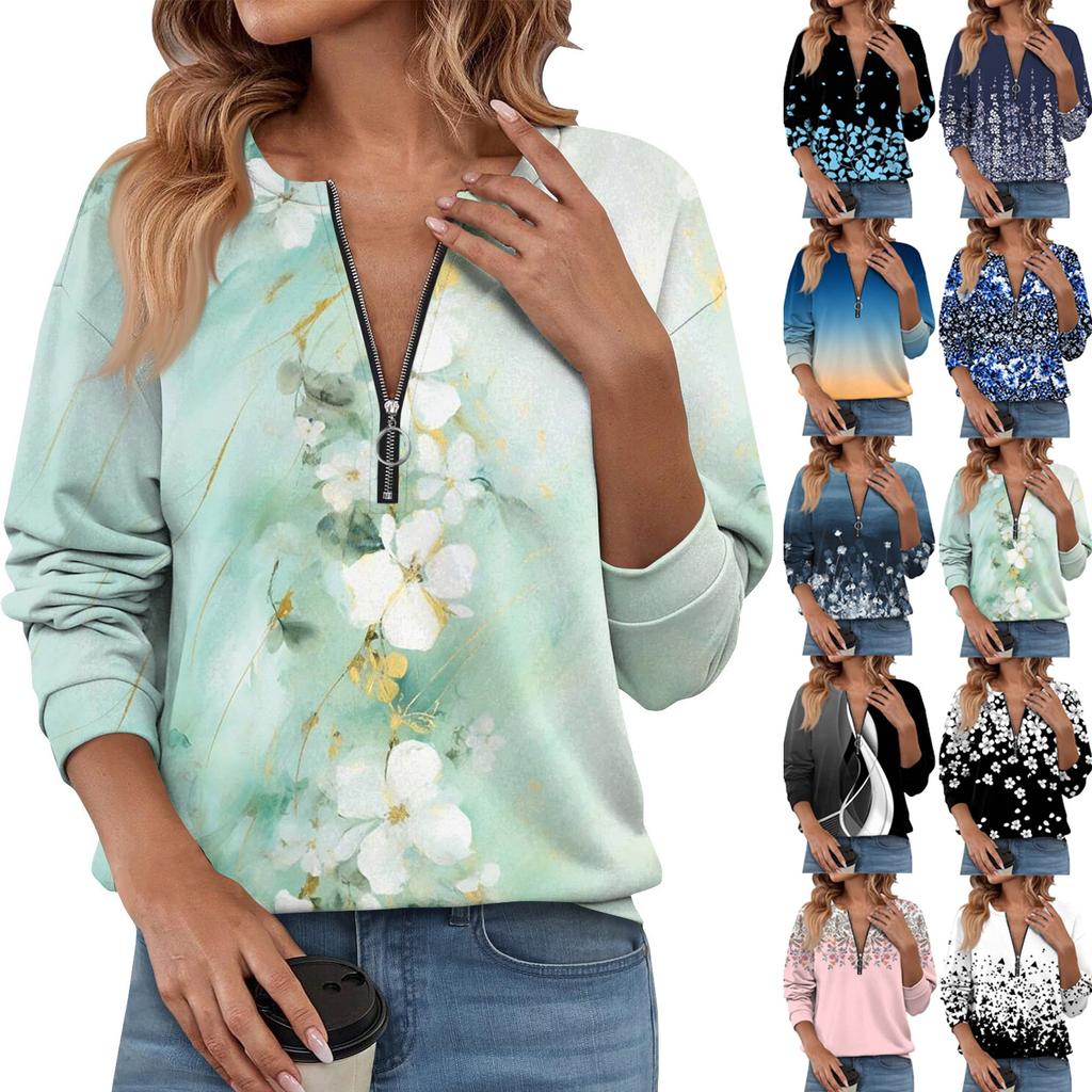 Women Casual Long Sleeve Basic Quarter Zipper Print Flowers Pullover Sweatshirts Casual Top Fall Clothes