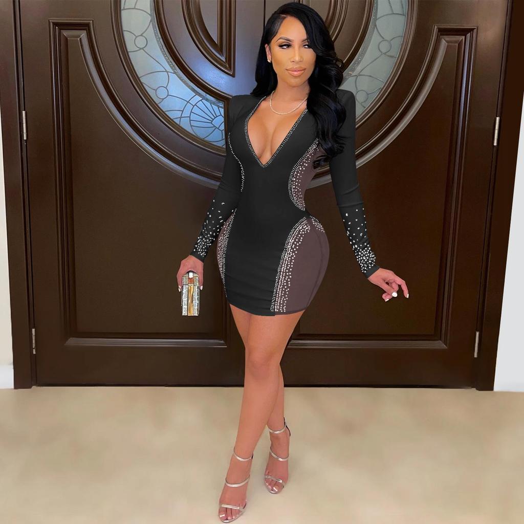 X5337: Sexy Deep V Rhinestone Party Dress with See-through Midi Skirt - European Fashion New Arrival