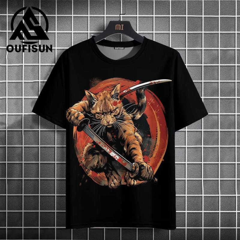 2024 Japanese Style Men's T-Shirt Samurai Cat Pattern T-Shirt Casual Loose Short Sleeved Tees Oversized Men Clothing Tops Summer