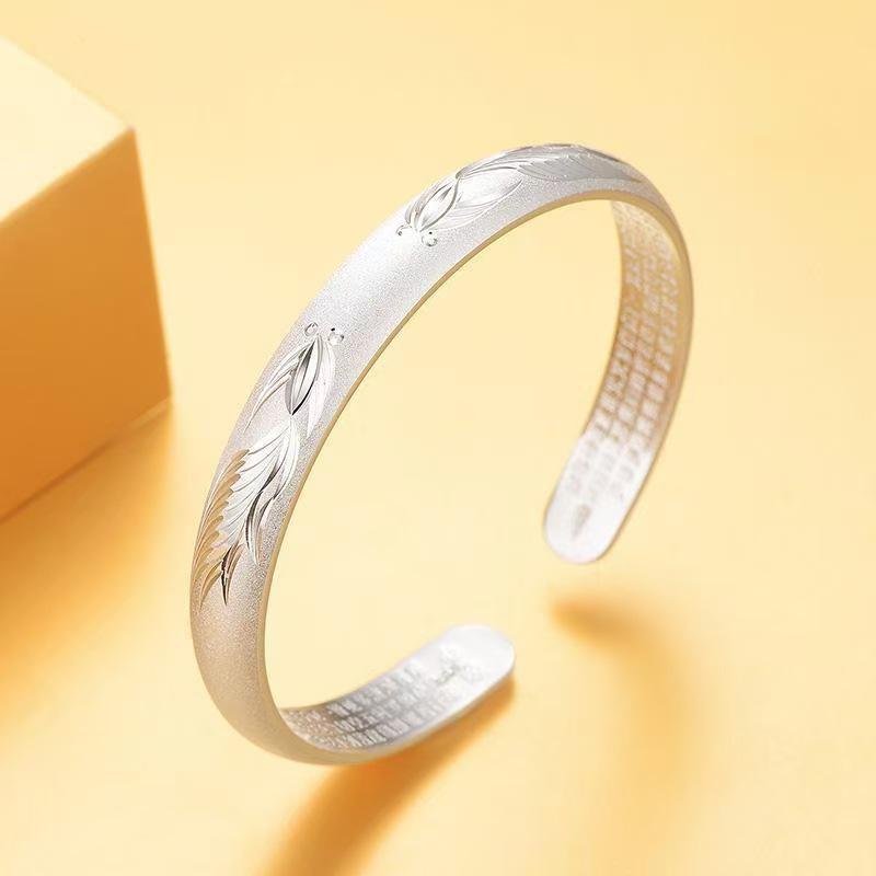Gypsophila Heart Sutra Silver Open Bangle: Simple Women's Buddhist Bracelet