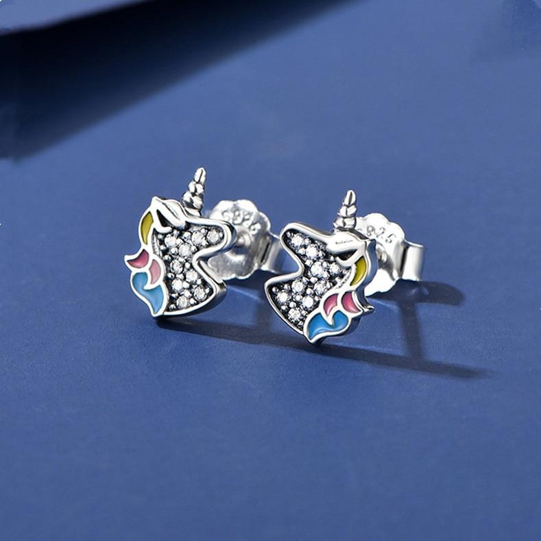 925 Sterling Silver Dazzling Unicorn Licorne Stud Earrings for Women Kids Wedding Gift Female Pendientes