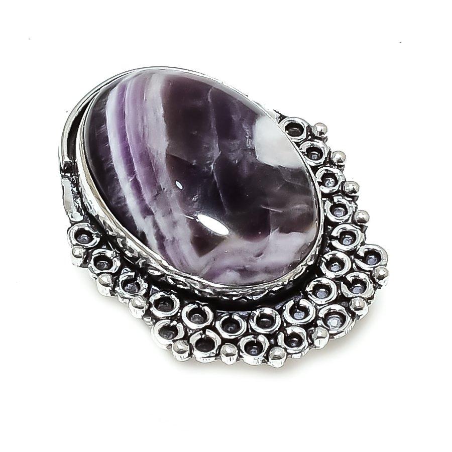 Ювелирное кольцо из серебра 925 пробы с аметистом и шевронным камнем, размер 6,5 J1E87