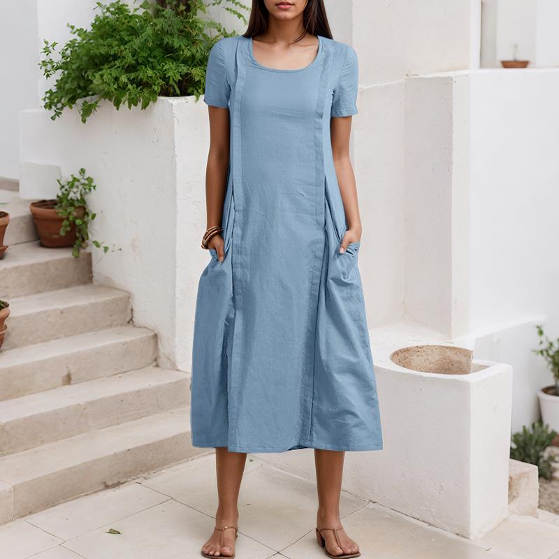 ZANZEA Women Casual Round Neck Solid Color Summer Short Sleeve Dress
