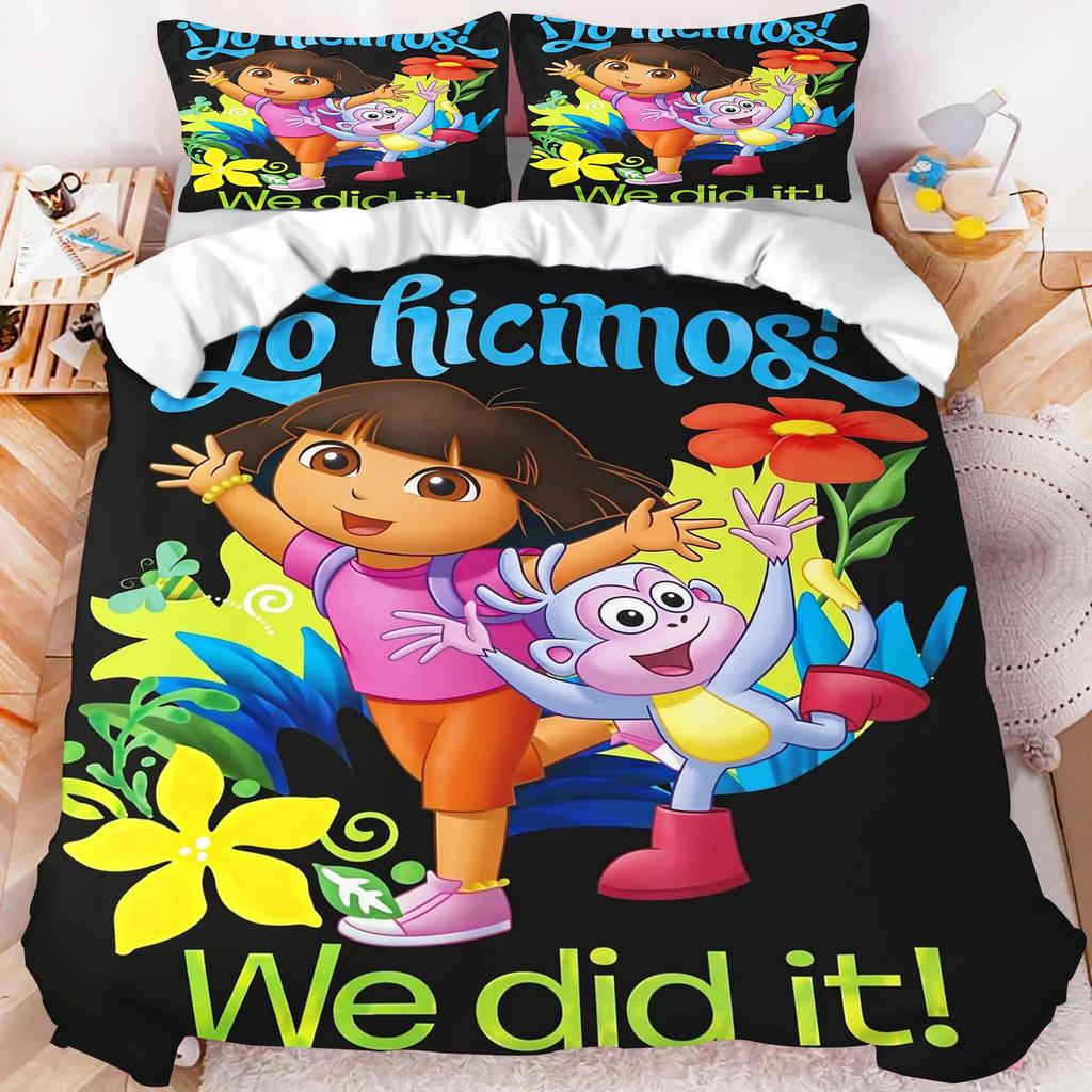 Dora The Explorer Bedding Set Duvet Cover Purple Background Heart Print Boots Monkey Pillowcase Kids Bedroom