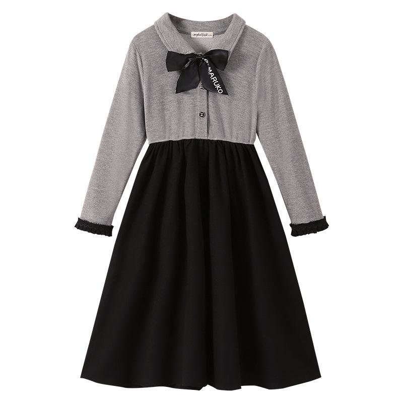 Осеннее платье для девочек в корейском стиле 2024 года с бантом и юбкой с воротником-рубашкой