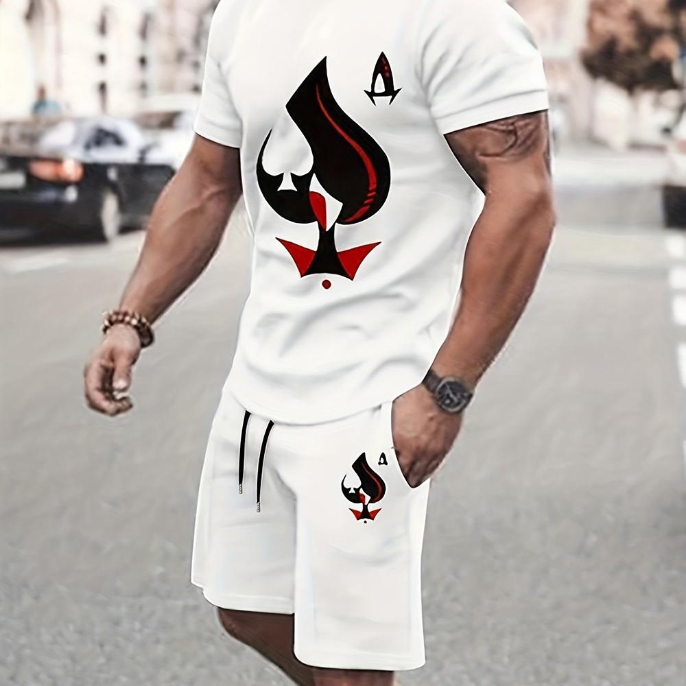 Men's Summer Leisure Sports Running Set Oversized Men's Refreshing Top Y2K Style Printed 3D Poker Pattern Fashion Set