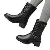 Large Size Women's Leather Boots Autumn and Winter New Retro Plaid Belt Buckle Round Head Thick Heel Medium Boots