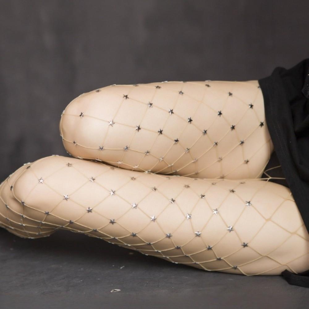 Y2K Rhinestone Star Pantyhose Large Mesh See-through Tights Colorful Fishnet Stockings Club Party
