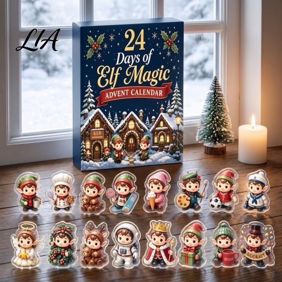 Surprise Daily Countdown Toys Magic Elf Advent Calendar, 24 Day Acrylic 2D Ornament Set with Christmas Decorative Hanging Charms Cute Mini Figures,