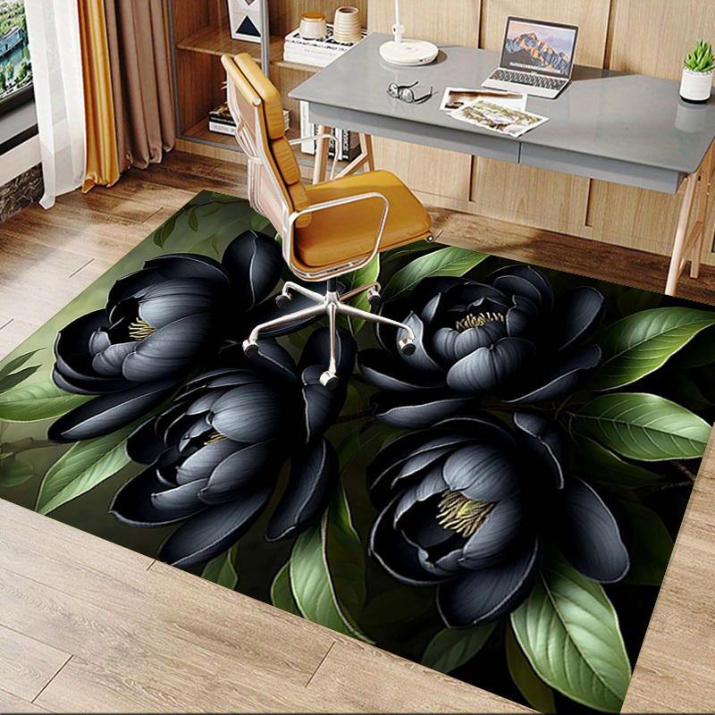 1PC Black Magnolia Flowers Non-Slip Floor Carpet Compatible for Office&Living Room&Bedroom&Dining room - Flat-Weave Machine-W318
