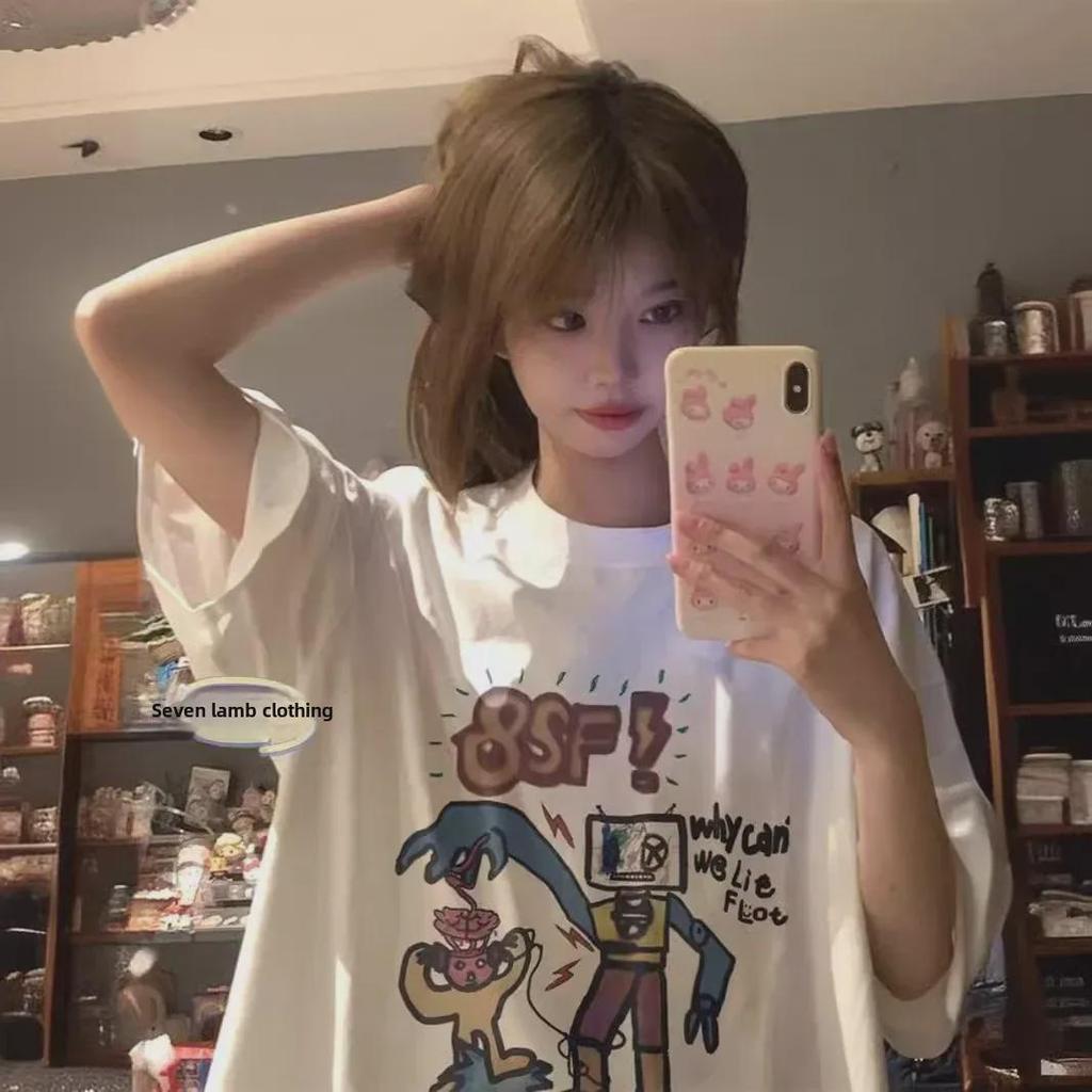 Корейский женский свободный летний топ с короткими рукавами Dongdaemun Cartoon Graffiti Robot