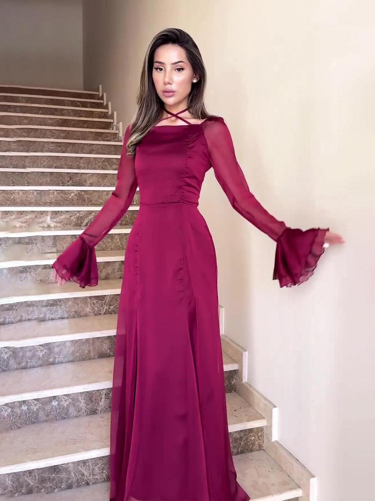 Нежное осеннее платье-рубашка с рюшами, приталенное, из струящейся ткани (Европейская и американская коллекция 2024)