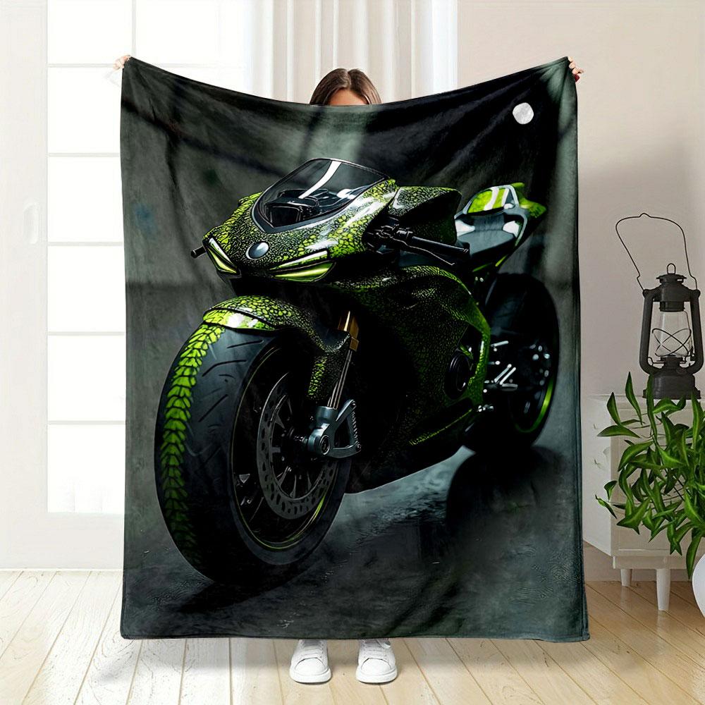 Green reptile-scale pattern with glowing accents on a sporty motorcycle. for all seasons blanket lunch break throw gift