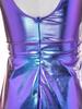 Women Disco Rave Dress Asymmetrical Metallic Shiny One Shoulder Fly Sleeve V Neck Backless A-line Mini Clubwear