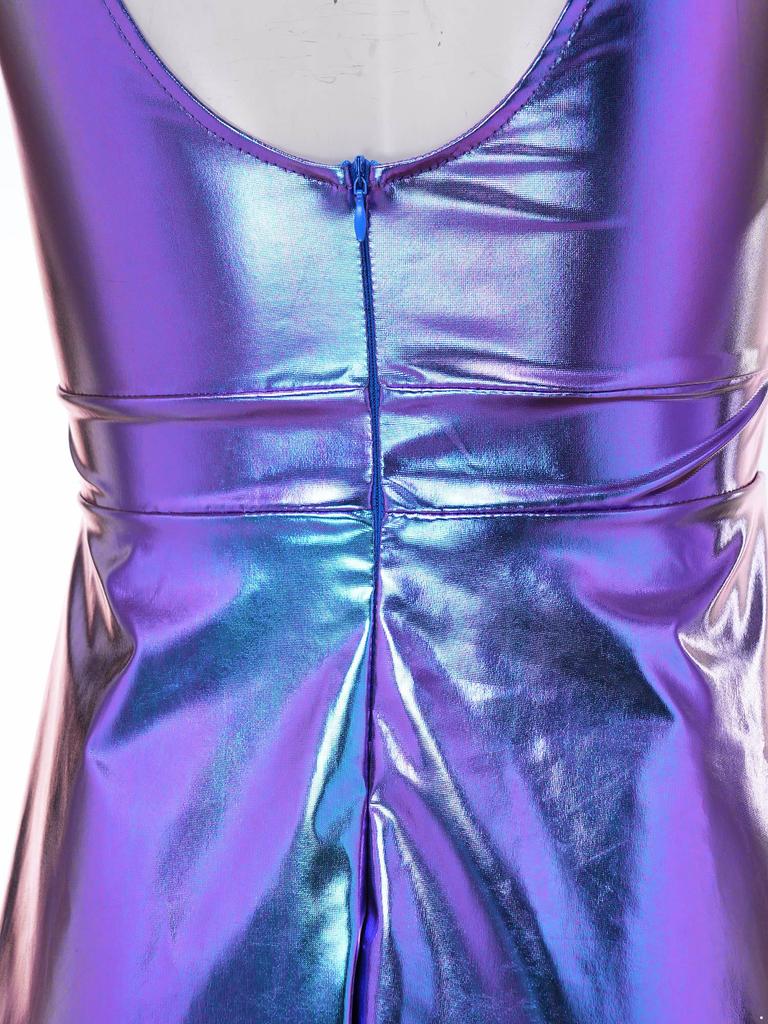 Women Disco Rave Dress Asymmetrical Metallic Shiny One Shoulder Fly Sleeve V Neck Backless A-line Mini Clubwear