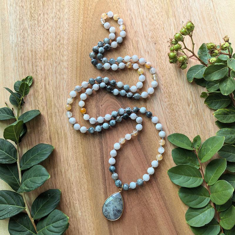 Hawk's Eye,Yellow Fire Quartz,White Onyx Mala,Labradorite Pendant,108 Knotted Beads Meditation Necklace,Healing Yoga Gift