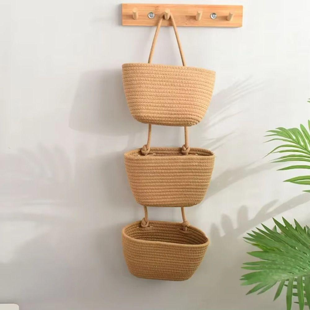 Handwoven Woven Hanging Organizer 3-Tier Wall Mount Storage Bag Cute Wall Hanging Pouch Entryway