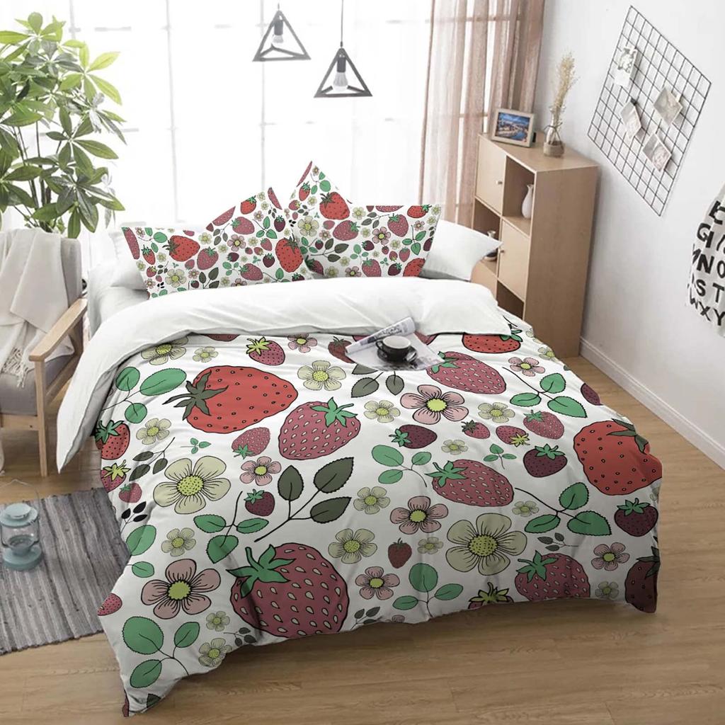 Постельное белье с клубникой для девочек, пододеяльник с сладкой клубникой для детей, розовый, милый мультфильм, фруктовая еда, девичий белый цветочный декор для комнаты